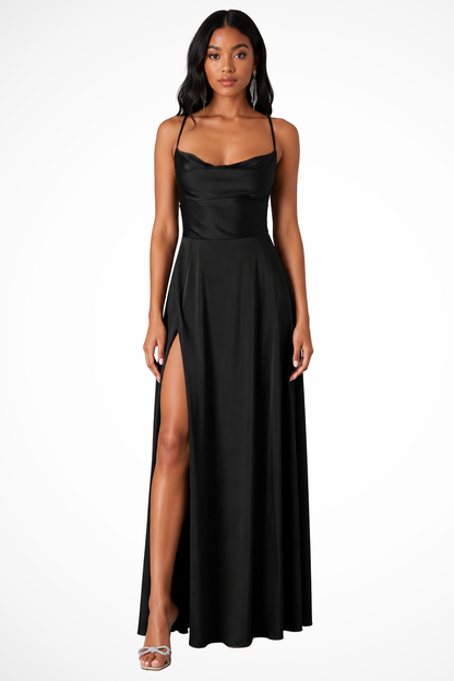 Women's Satin Maxi Dress | Elegant Cowl Neck with Side Slit Wedding Guest Outfit 7