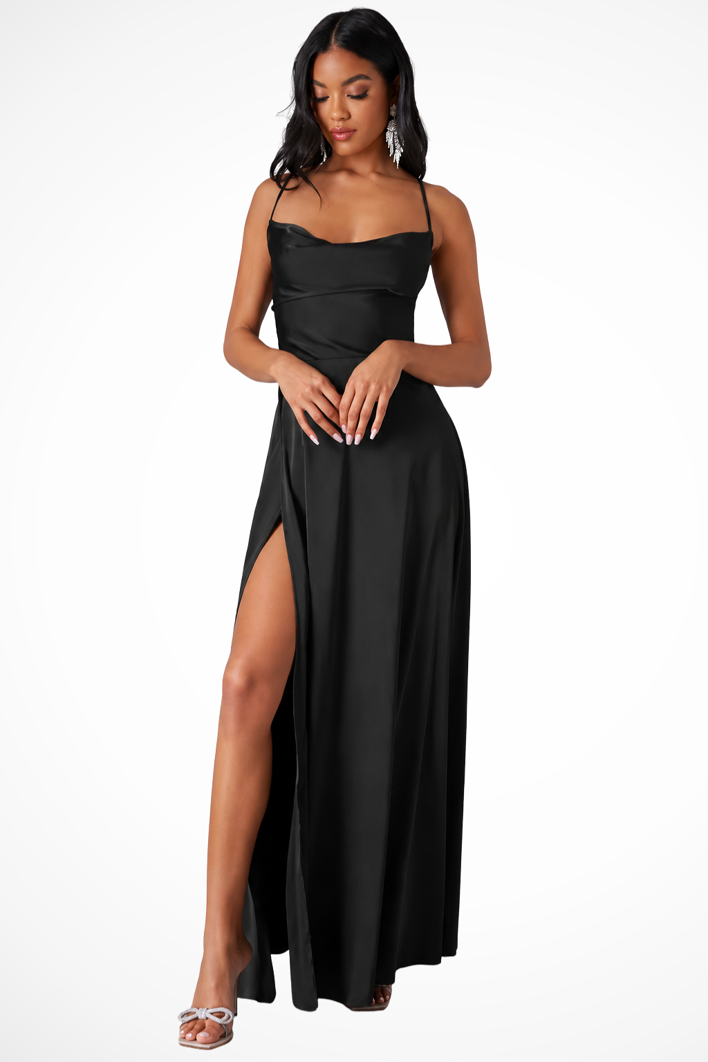 Women's Satin Maxi Dress | Elegant Cowl Neck with Side Slit Wedding Guest Outfit 8