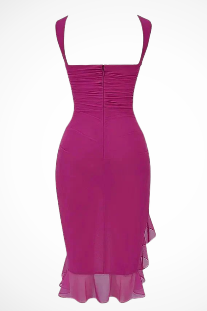 Women's Semi-Sheer Mesh Midi Dress | Elegant Ruched Asymmetric Summer Cocktail Dress 6