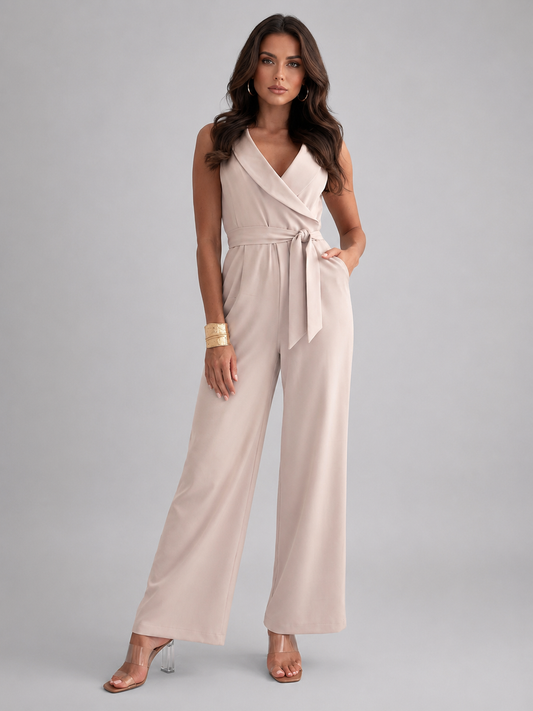 Women's Sleeveless Wide Leg Jumpsuit - Elegant Tie Waist Romper
