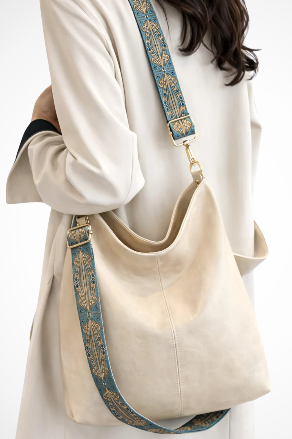 Women's Smooth Fabric Shoulder Bag | Stylish Slouchy Boho Design with Patterned Strap 2