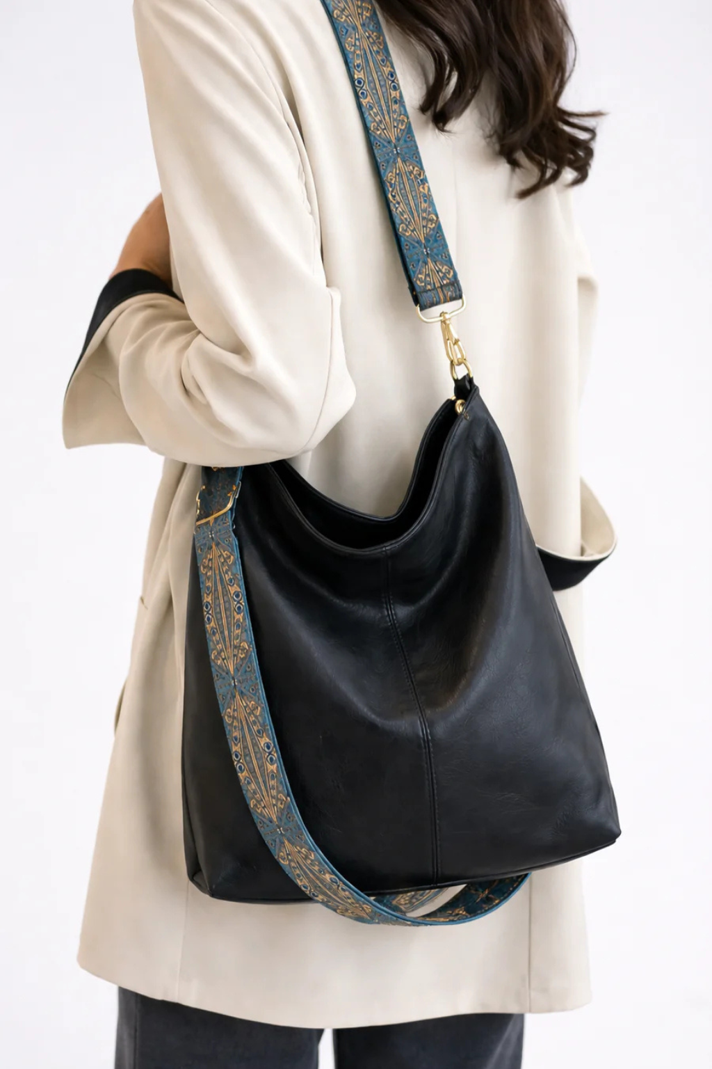 Women's Smooth Fabric Shoulder Bag | Stylish Slouchy Boho Design with Patterned Strap 4