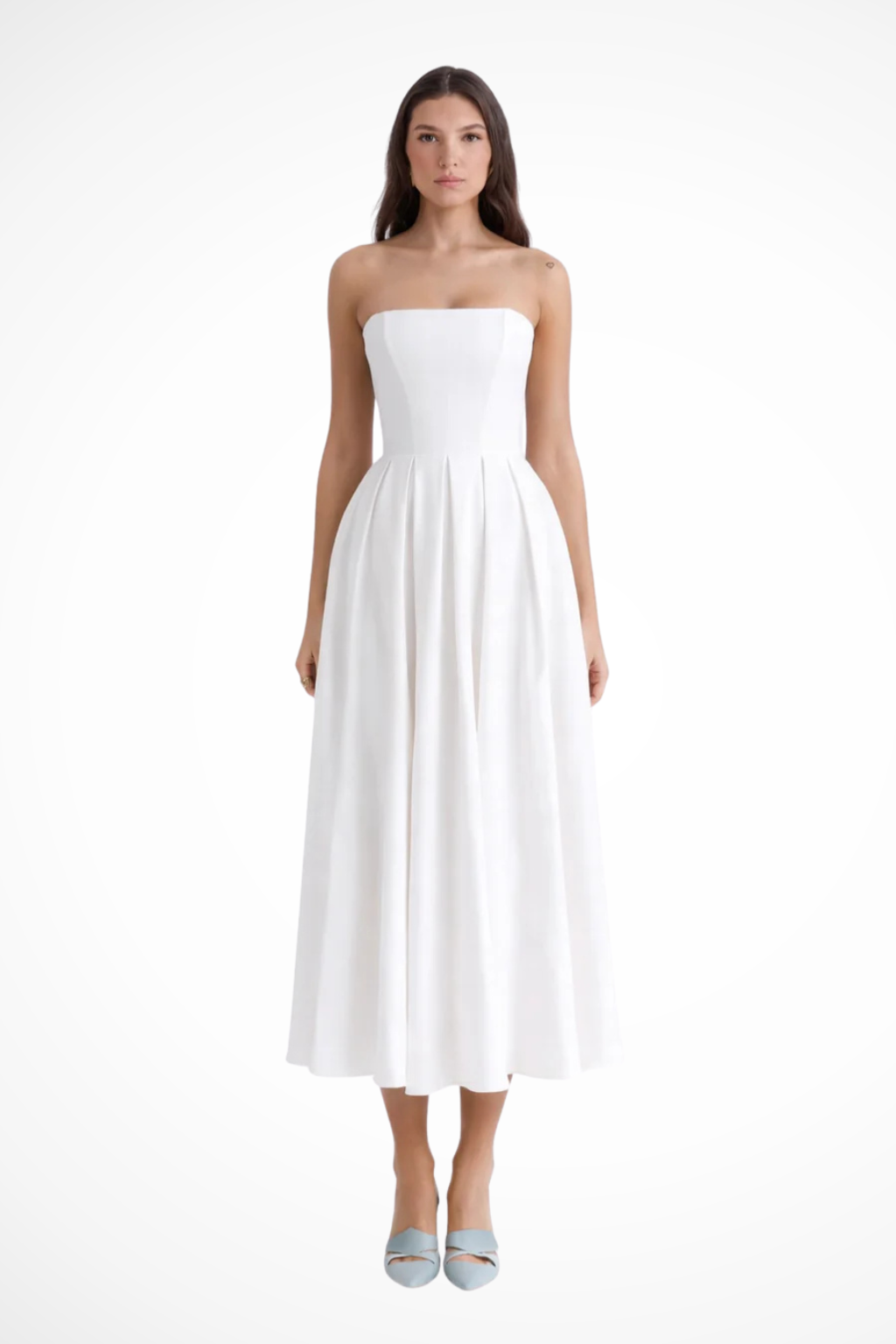 Women's Smooth Fabric Strapless Midi Dress | Elegant Corset Flared Formal Dress 0