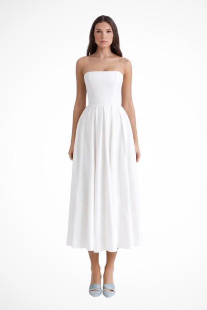 Women's Smooth Fabric Strapless Midi Dress | Elegant Corset Flared Formal Dress 0