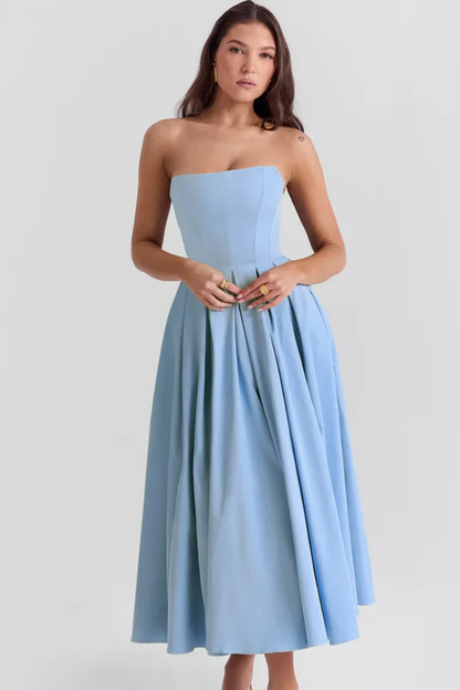 Women's Smooth Fabric Strapless Midi Dress | Elegant Corset Flared Formal Dress 4