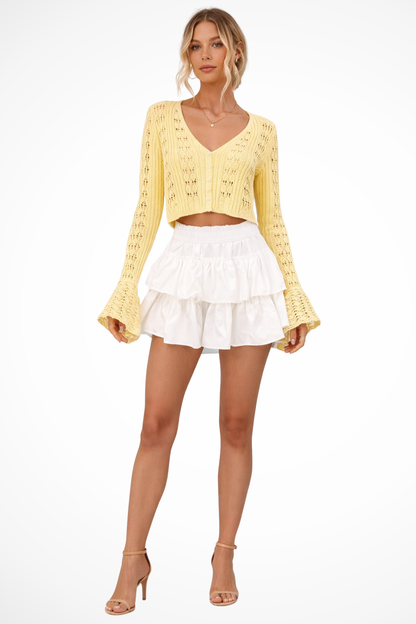 Women's Textured Crochet Cardigan | Stylish Cropped Bell Sleeve Sweater 0