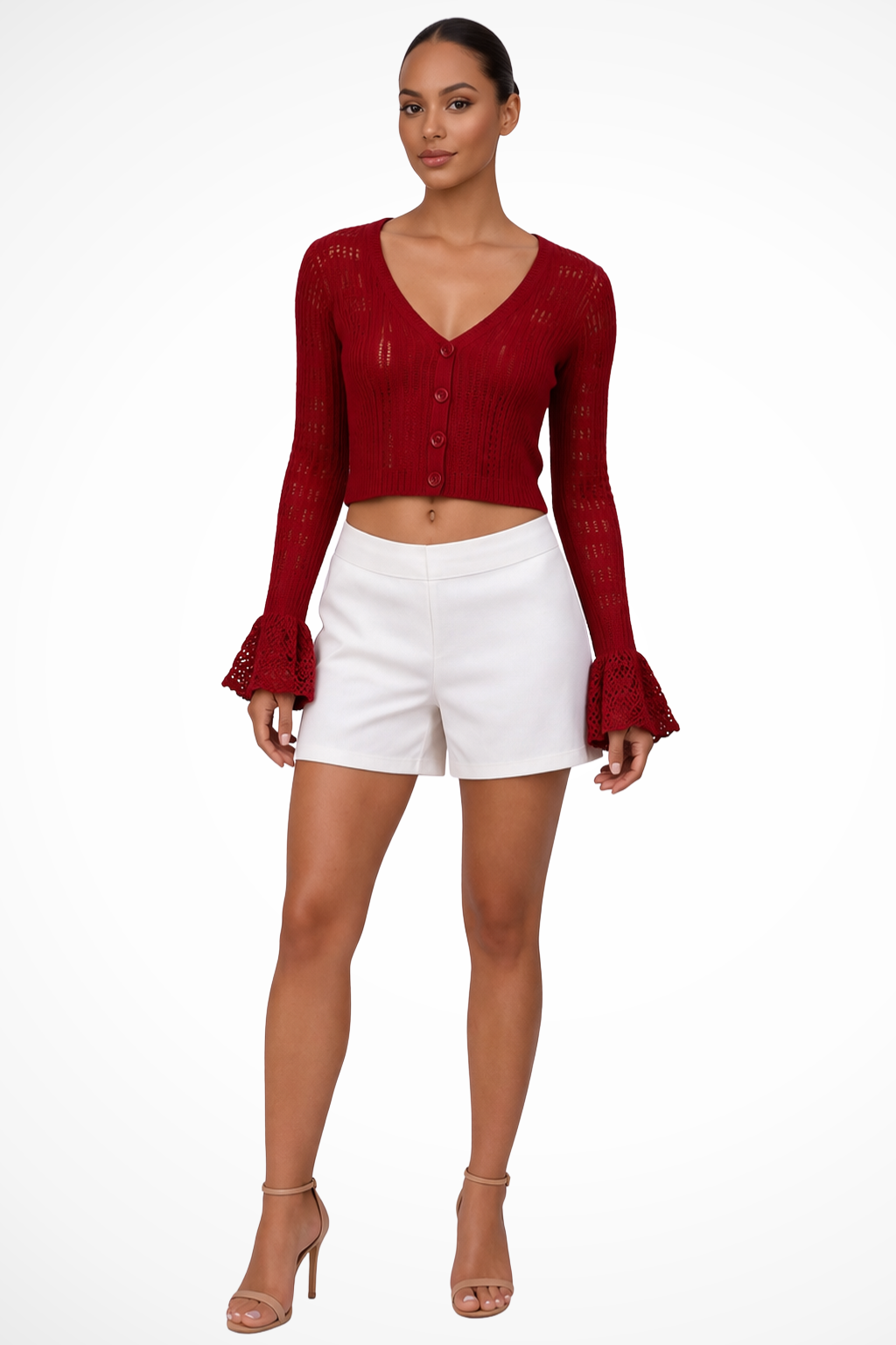 Women's Textured Crochet Cardigan | Stylish Cropped Bell Sleeve Sweater 10