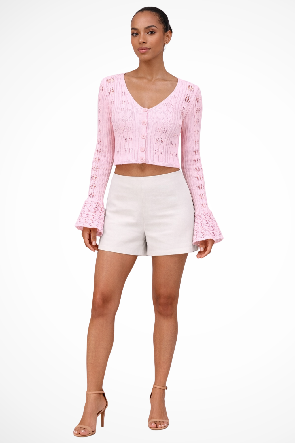Women's Textured Crochet Cardigan | Stylish Cropped Bell Sleeve Sweater 11
