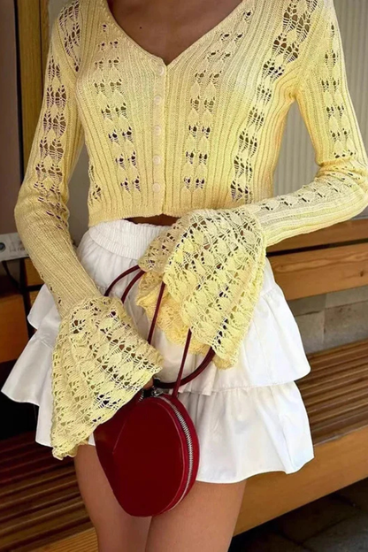 Women's Textured Crochet Cardigan | Stylish Cropped Bell Sleeve Sweater 3