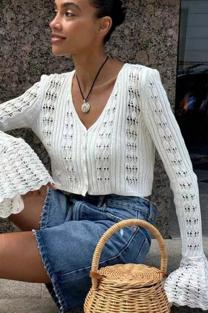 Women's Textured Crochet Cardigan | Stylish Cropped Bell Sleeve Sweater 7