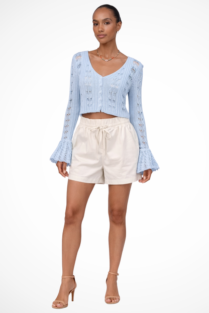 Women's Textured Crochet Cardigan | Stylish Cropped Bell Sleeve Sweater 8