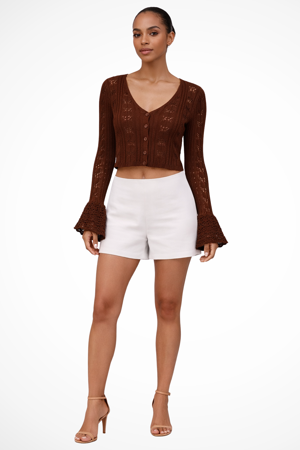 Women's Textured Crochet Cardigan | Stylish Cropped Bell Sleeve Sweater 9
