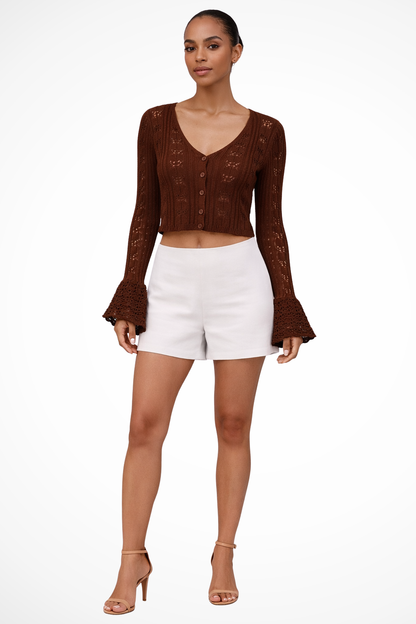 Women's Textured Crochet Cardigan | Stylish Cropped Bell Sleeve Sweater 9