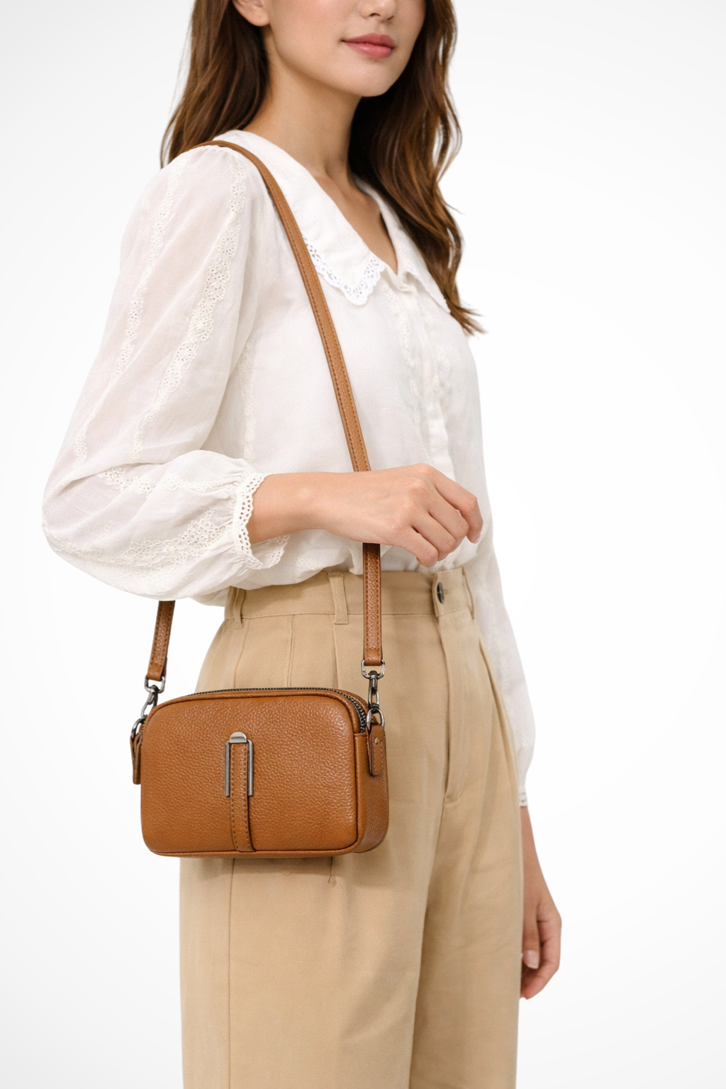 Women's Textured Fabric Crossbody Bag | Compact Double Zip Shoulder Purse 0