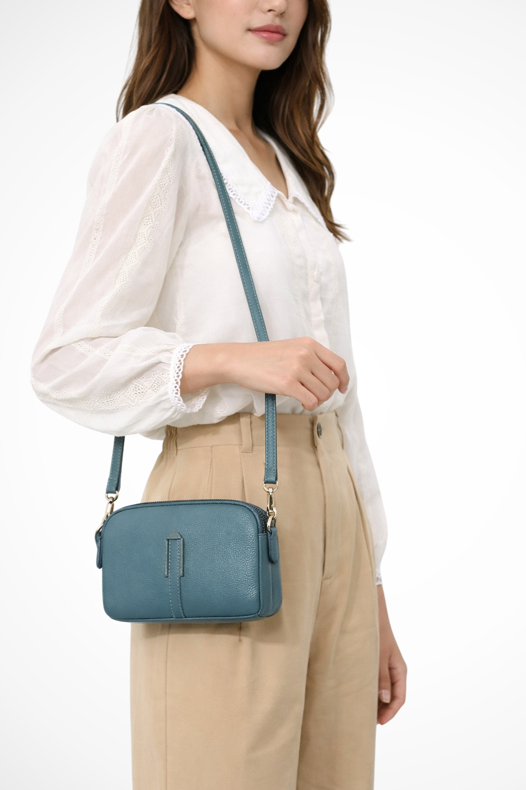 Women's Textured Fabric Crossbody Bag | Compact Double Zip Shoulder Purse 4
