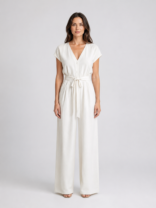 Women's Relaxed Wide Leg Jumpsuit - Tie Waist Summer Vacation Romper