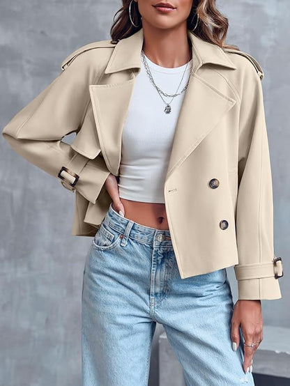 Women's Cropped Trench Coat - Belted Casual Jacket