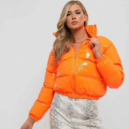 Women's Cropped Puffer Jacket - Glossy Winter Coat