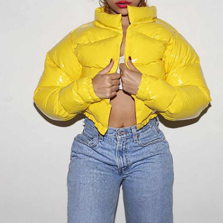 Women's Cropped Puffer Jacket - Glossy Winter Coat