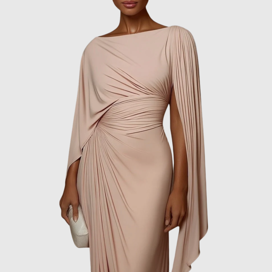 Sylrissa | Pleated Cape Sleeve Dress Women with Elegant Evening Style