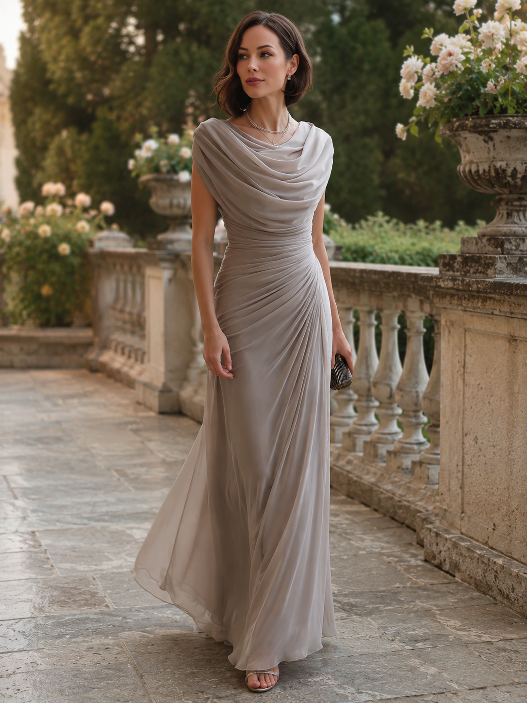 Bernadette | Women's Wedding Guest Cowl Neck Draped Maxi Dress