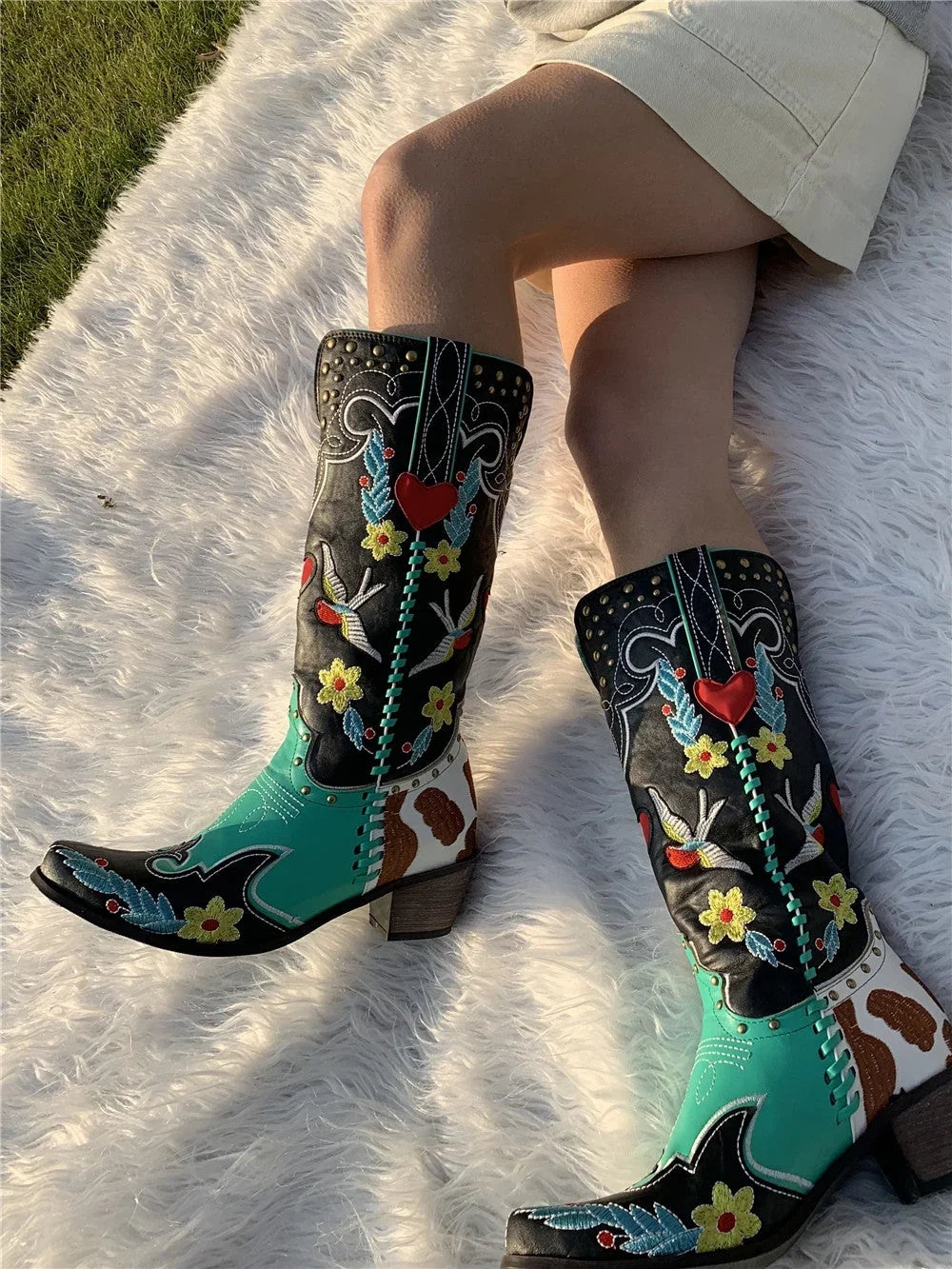 Women's Black Embroidered Cowboy Boots Mid-Calf Block Heel