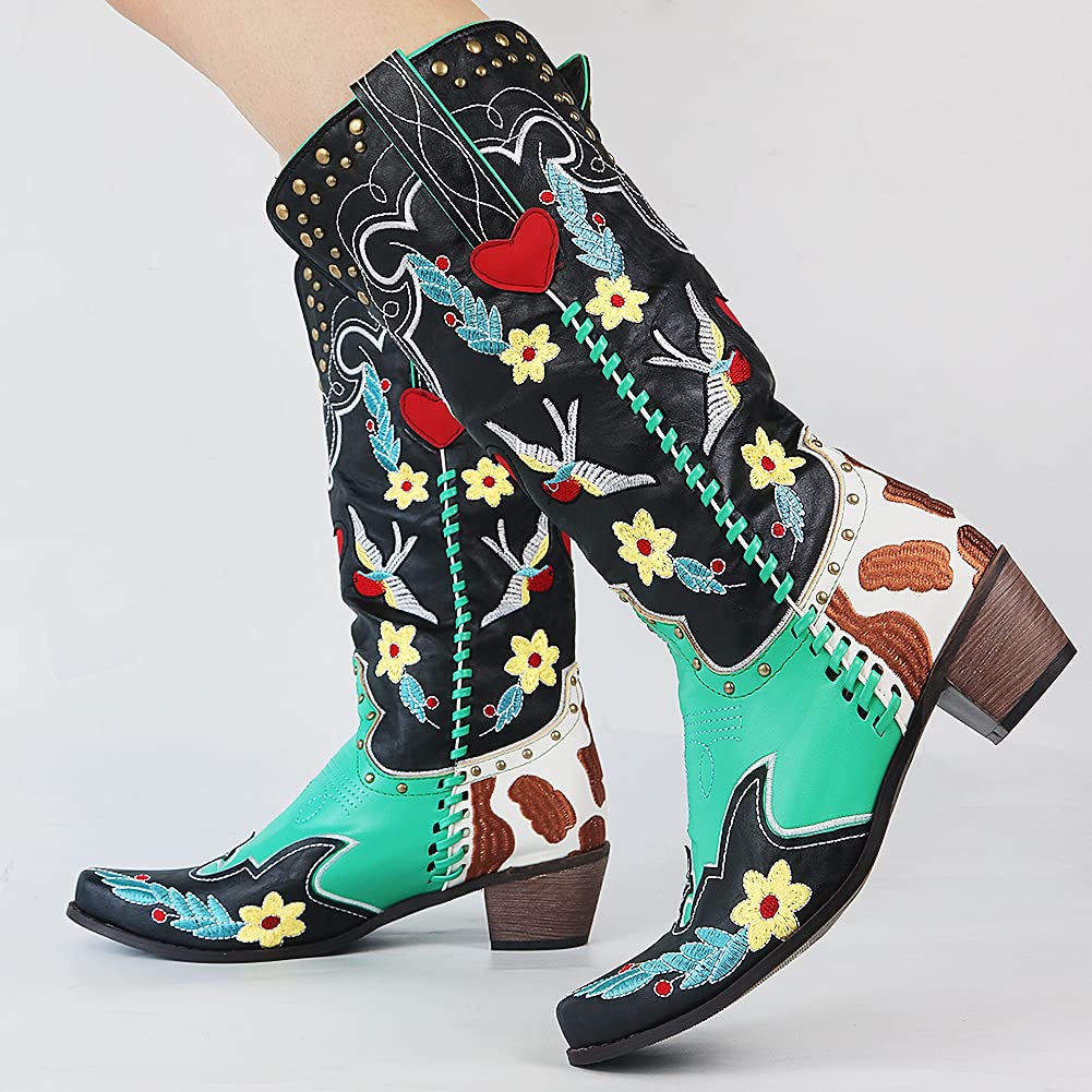 Women's Black Embroidered Cowboy Boots Mid-Calf Block Heel