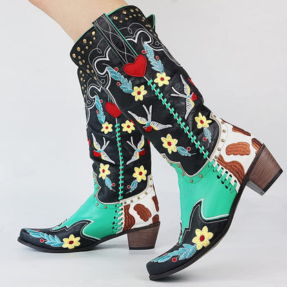 Women's Black Embroidered Cowboy Boots Mid-Calf Block Heel