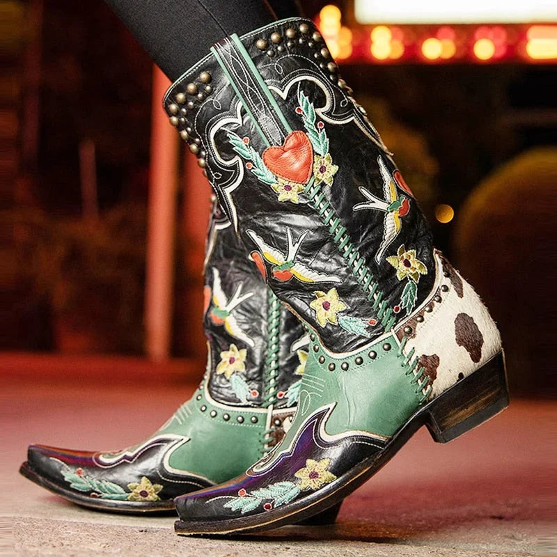 Women's Black Embroidered Cowboy Boots Mid-Calf Block Heel