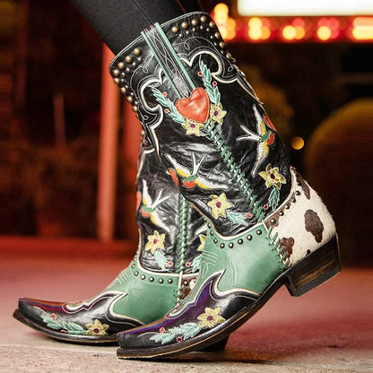 Women's Black Embroidered Cowboy Boots Mid-Calf Block Heel