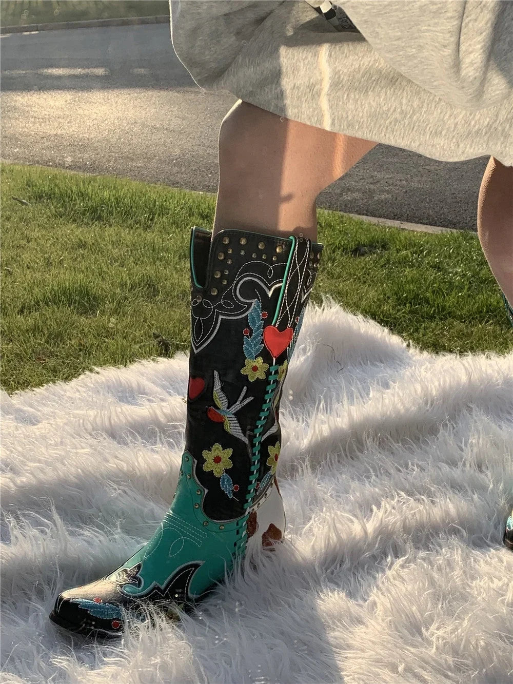 Women's Black Embroidered Cowboy Boots Mid-Calf Block Heel