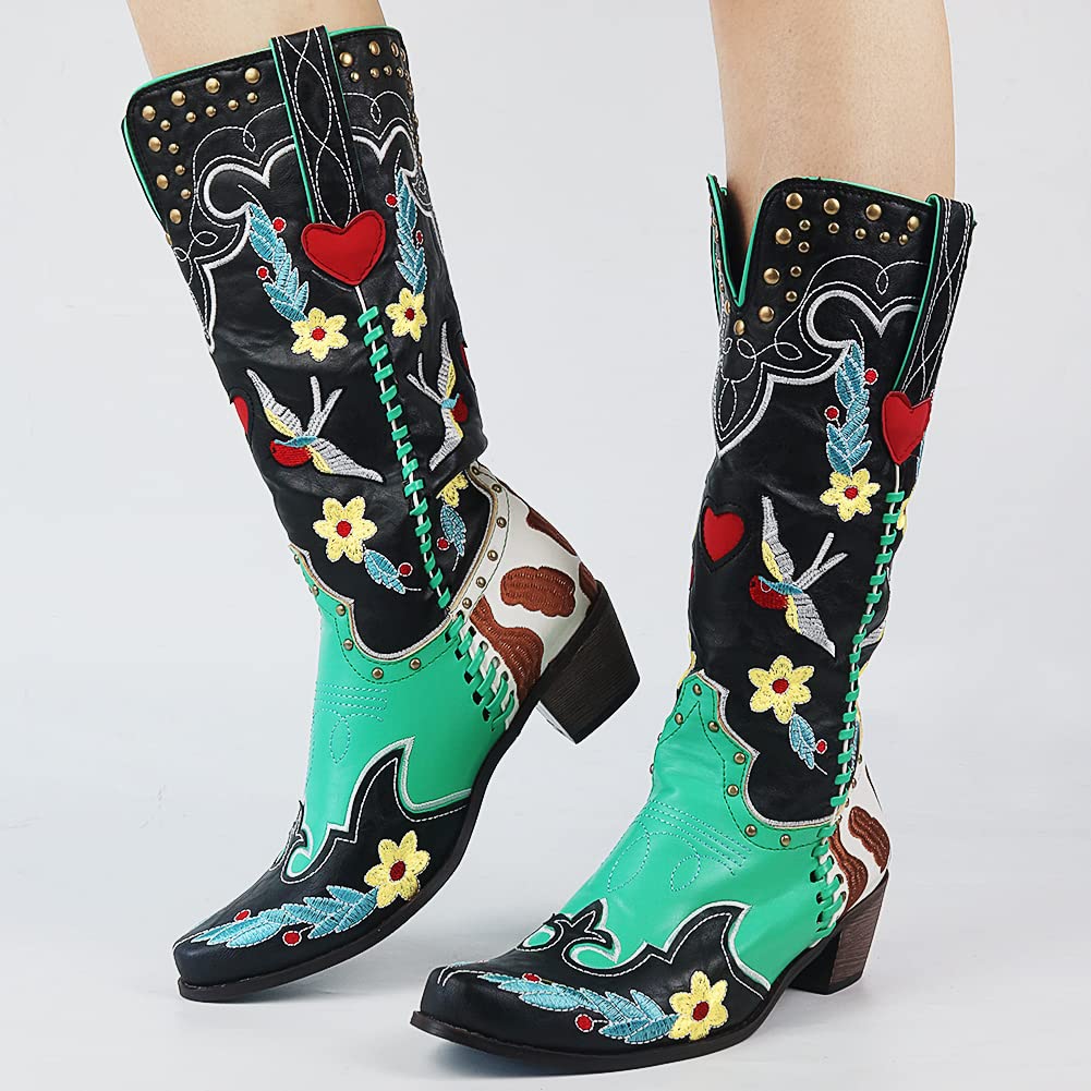 Women's Black Embroidered Cowboy Boots Mid-Calf Block Heel