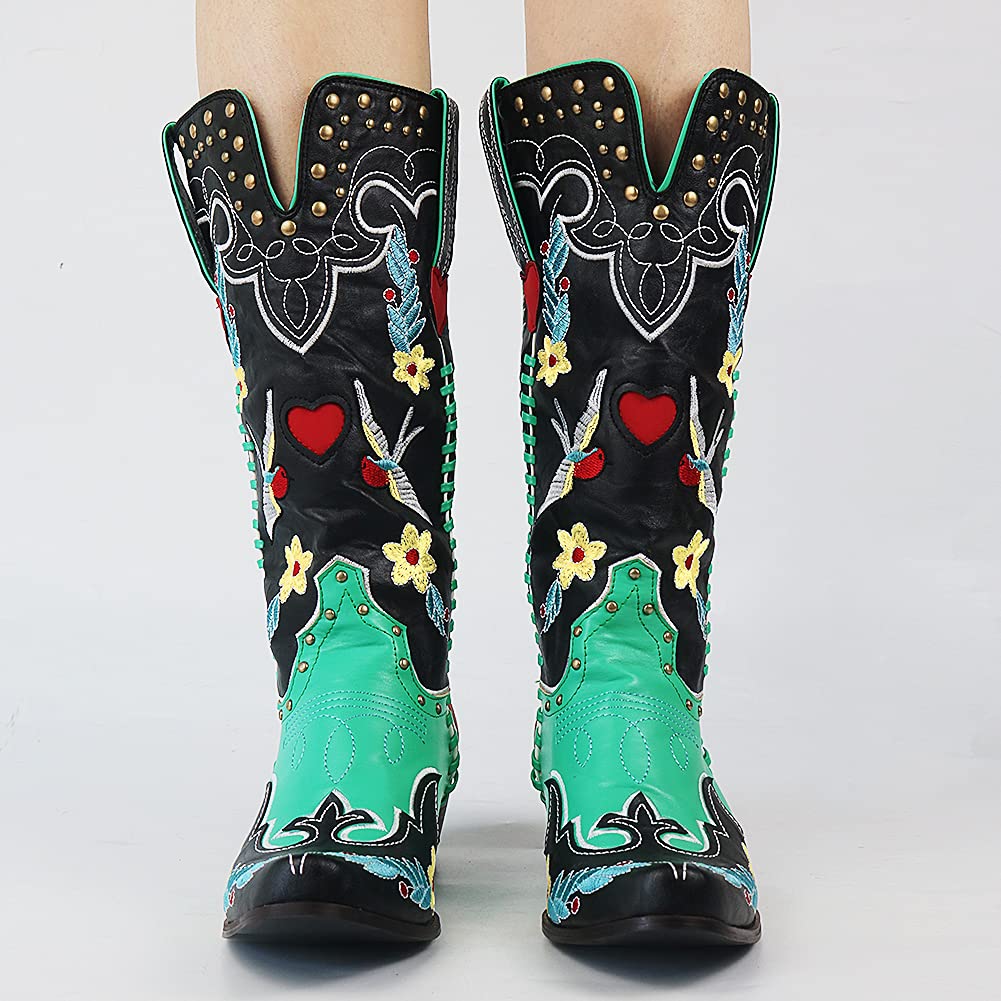 Women's Black Embroidered Cowboy Boots Mid-Calf Block Heel