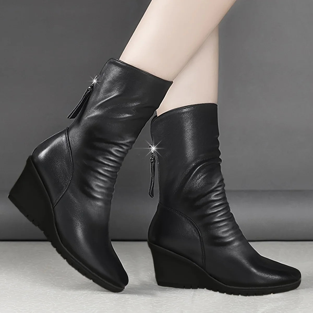 Women's Black Wedge Boots Mid-Calf Side-Zip