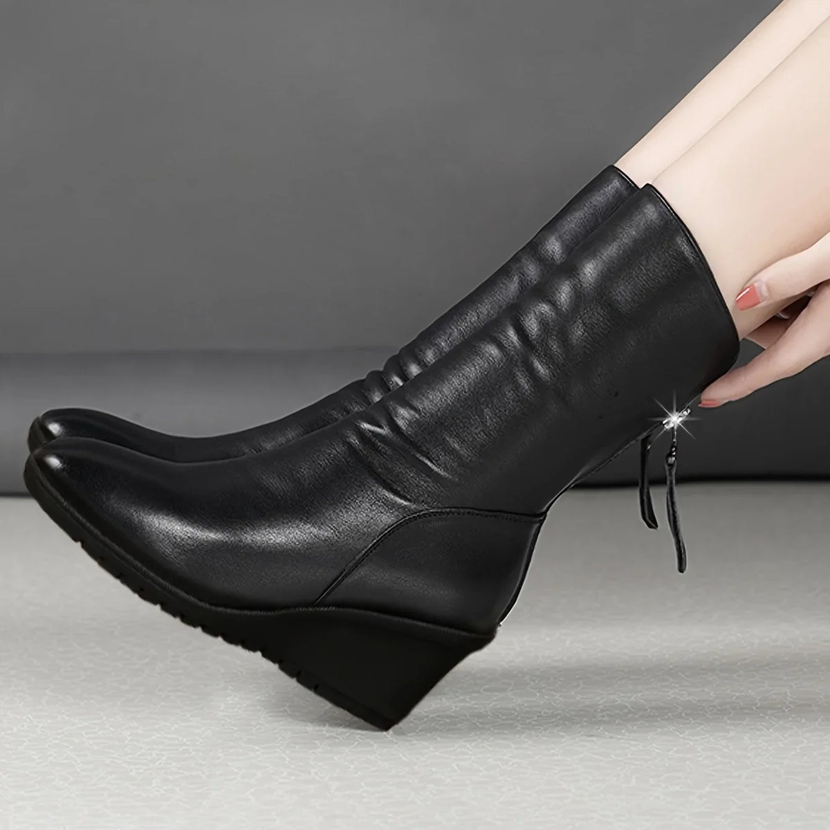 Women's Black Wedge Boots Mid-Calf Side-Zip