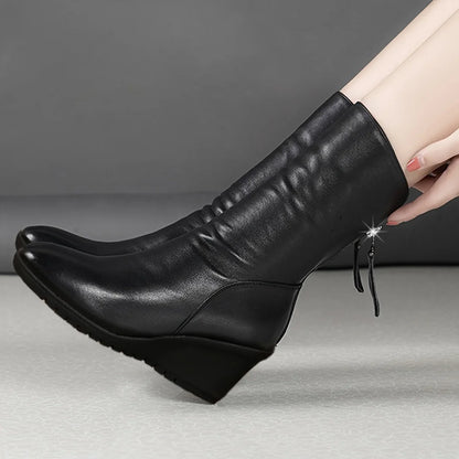 Women's Black Wedge Boots Mid-Calf Side-Zip