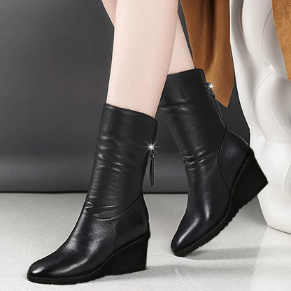 Women's Black Wedge Boots Mid-Calf Side-Zip