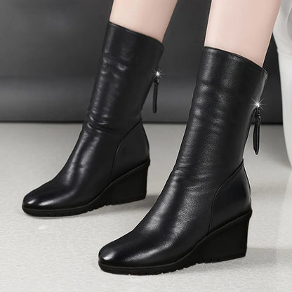 Women's Black Wedge Boots Mid-Calf Side-Zip