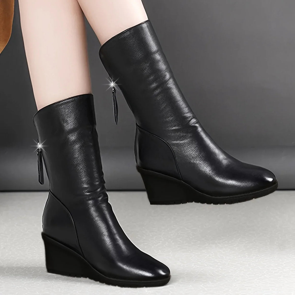 Women's Black Wedge Boots Mid-Calf Side-Zip