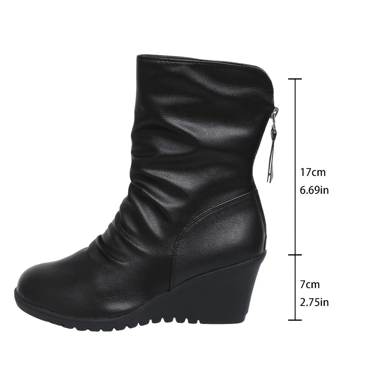 Women's Black Wedge Boots Mid-Calf Side-Zip