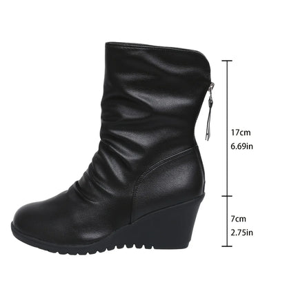 Women's Black Wedge Boots Mid-Calf Side-Zip
