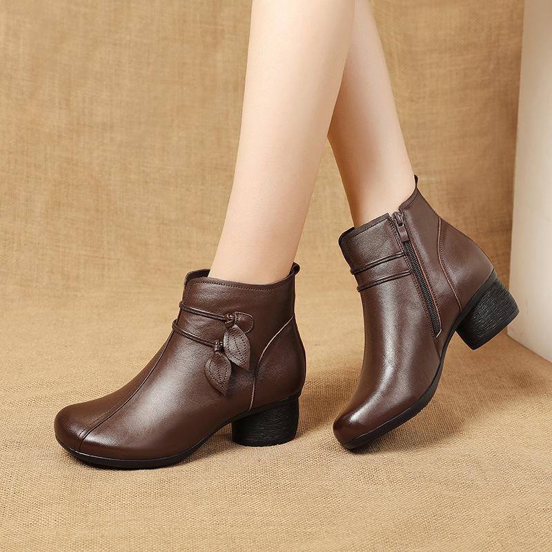 Women's Brown Leather Ankle Boots Side-Zip Chunky Heel