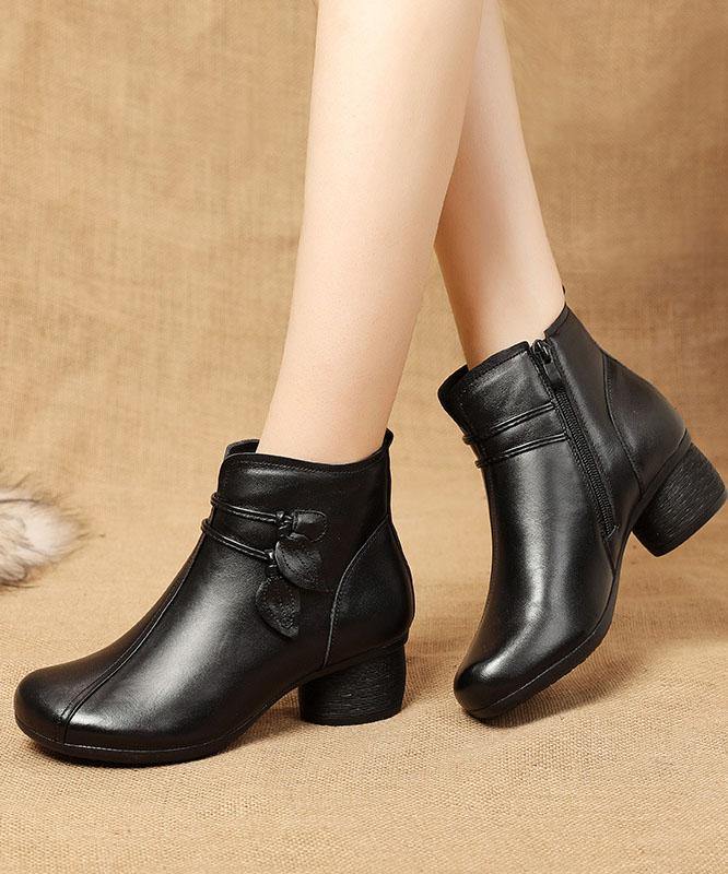 Women's Brown Leather Ankle Boots Side-Zip Chunky Heel