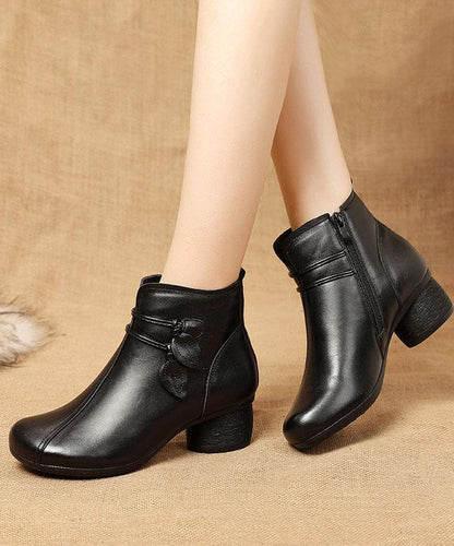 Women's Brown Leather Ankle Boots Side-Zip Chunky Heel