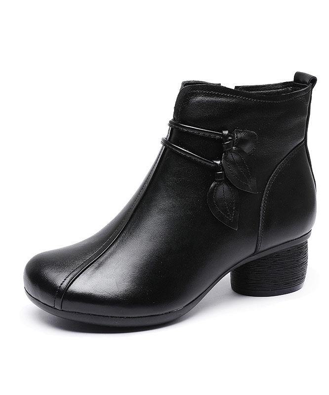 Women's Brown Leather Ankle Boots Side-Zip Chunky Heel