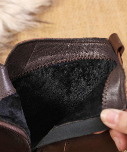Women's Brown Leather Ankle Boots Side-Zip Chunky Heel