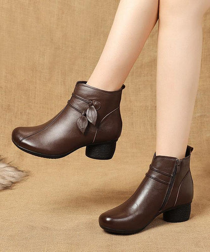 Women's Brown Leather Ankle Boots Side-Zip Chunky Heel