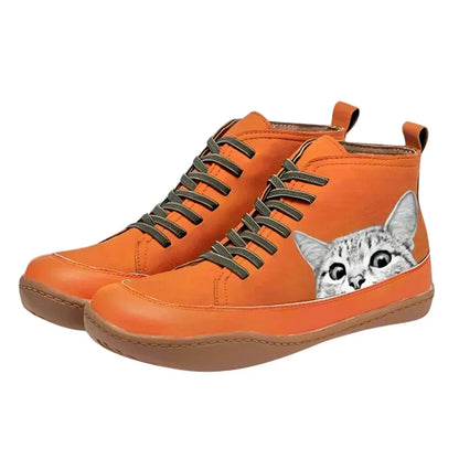 Women's Cat Print Lace-Up Ankle Boots