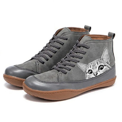 Women's Cat Print Lace-Up Ankle Boots