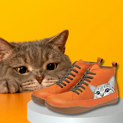 Women's Cat Print Lace-Up Ankle Boots